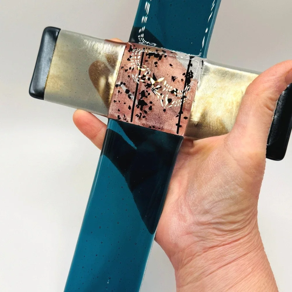 Handmade Fused Glass Wall Cross Faith Blue Art Glass Religious Decor